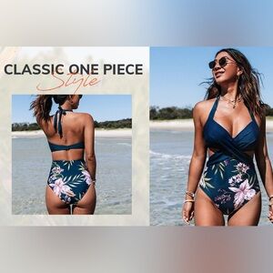 Blue Floral Print Halter Tummy Control One Piece‎ Swimsuit NWT Size L
